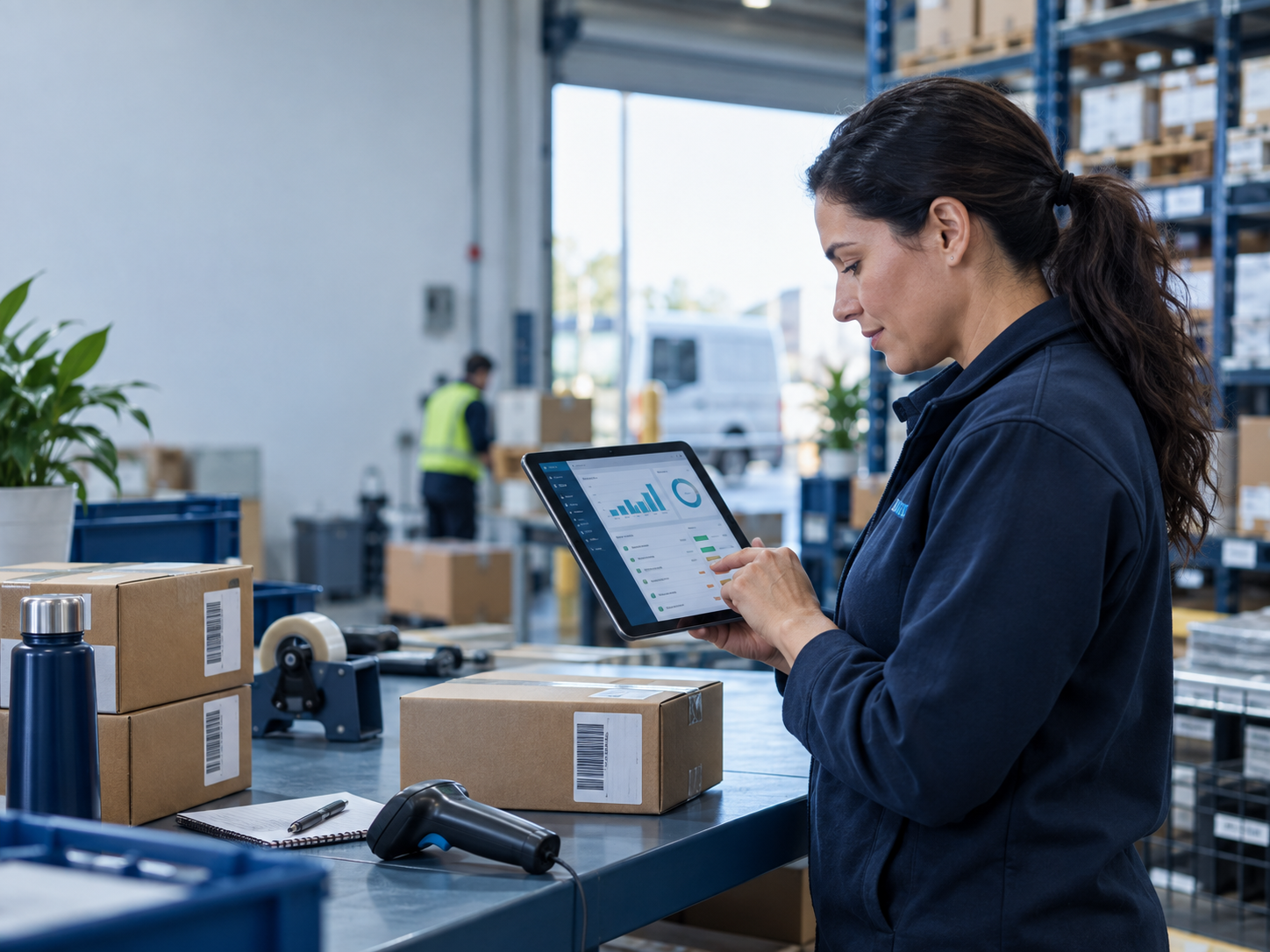 Warehouse operations manager reviewing inventory with BSimple