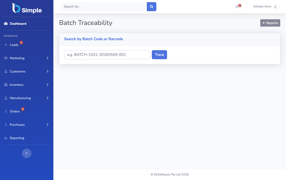 Batch and lot trace search: tracing stock from supplier to customer.