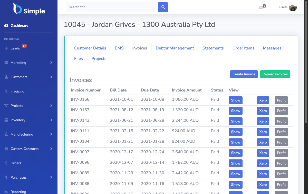 BSimple customer invoice list showing invoice numbers, dates, paid status, Xero actions and profit actions