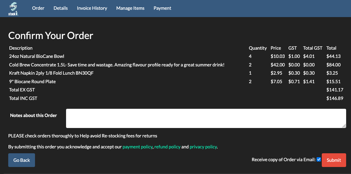 The customer ordering page: each customer sees their own product list and pricing.