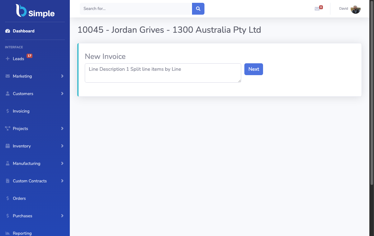 A draft customer invoice in BSimple before approval.