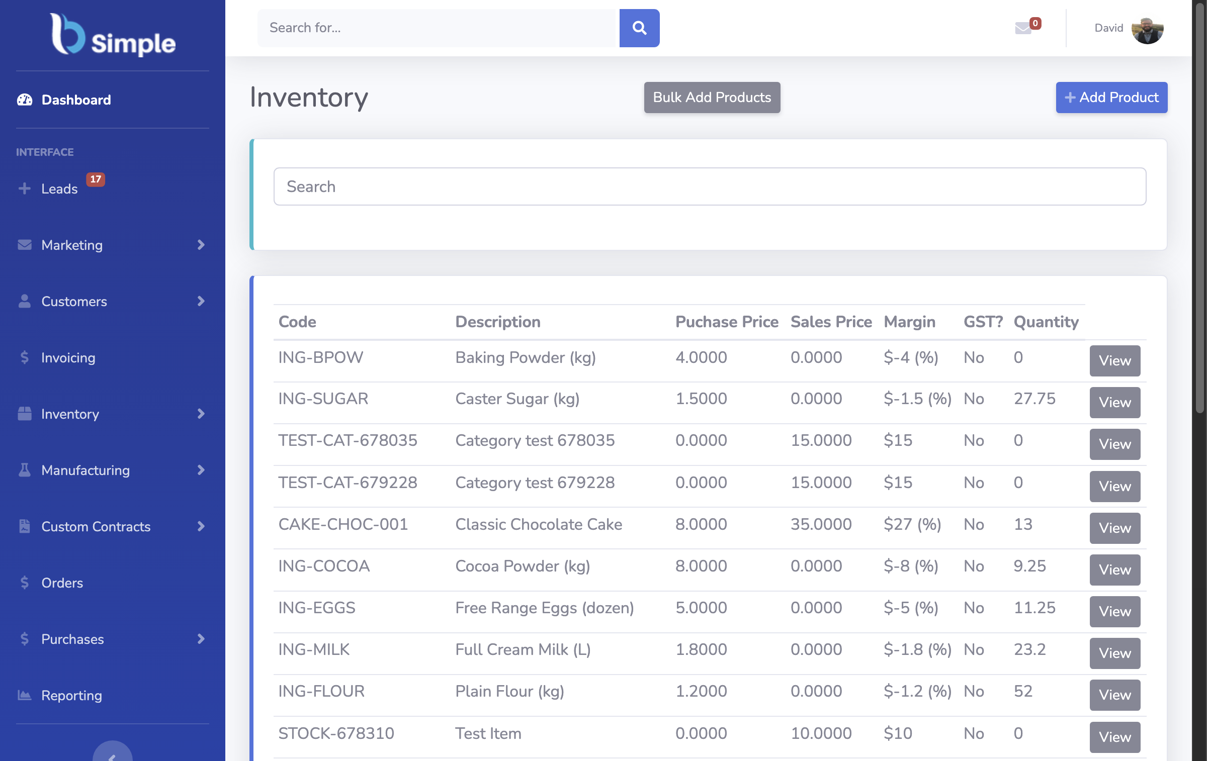 The BSimple inventory list: products, prices and quantities on hand.