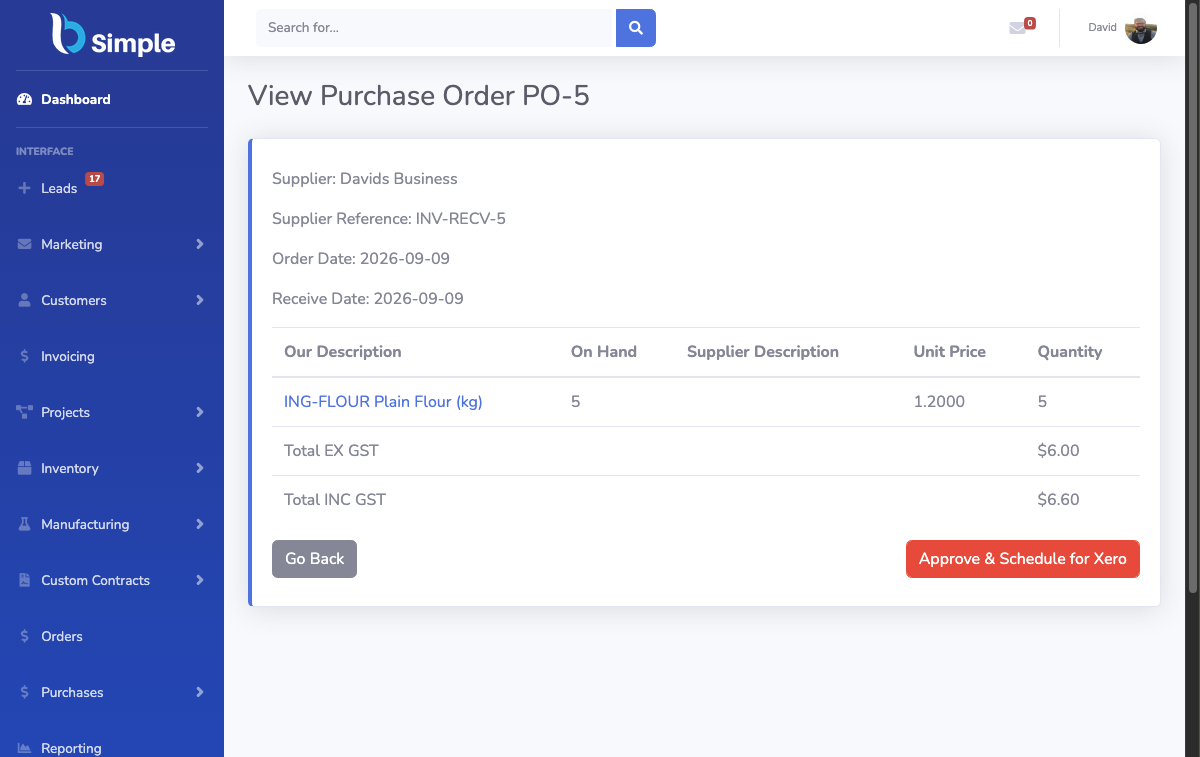 A draft purchase order in BSimple before it is sent to the supplier.
