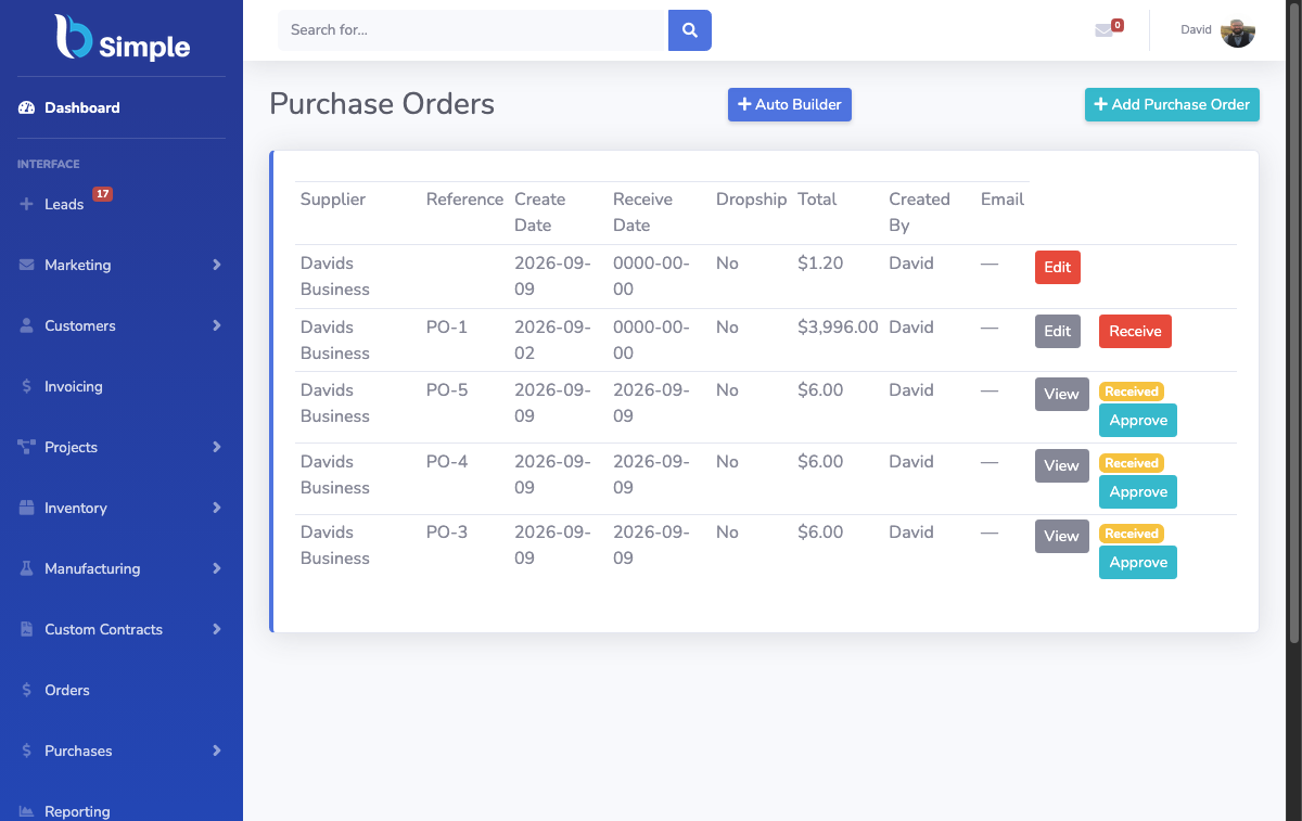 Supplier purchase orders listed with their fulfilment state.