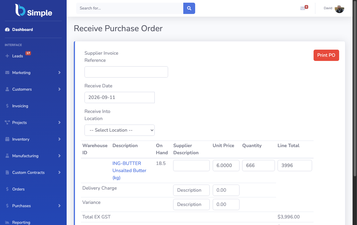Receiving a purchase order: stock arrives and quantities update.