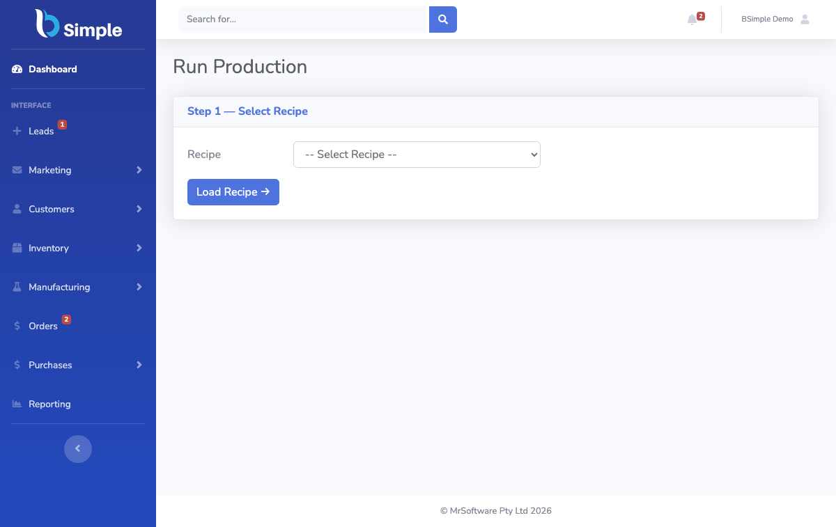 A BSimple production run: recipe, batch size and outputs.