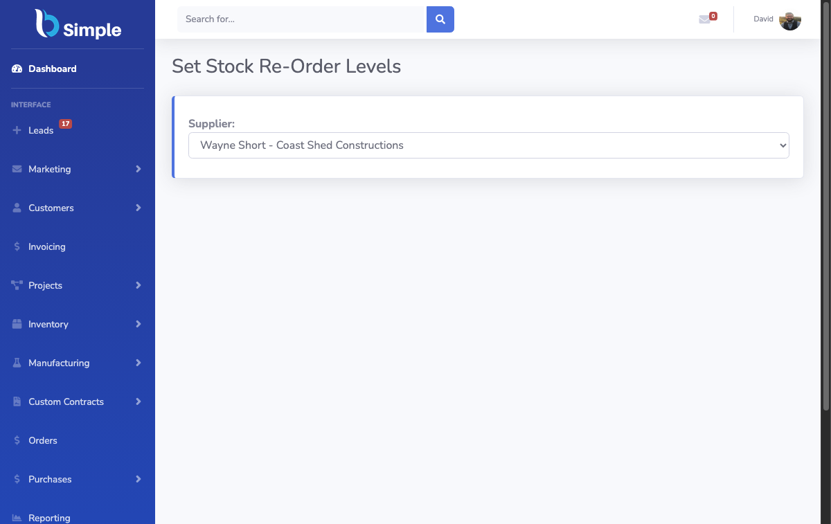 The BSimple reorder screen working against live stock levels.