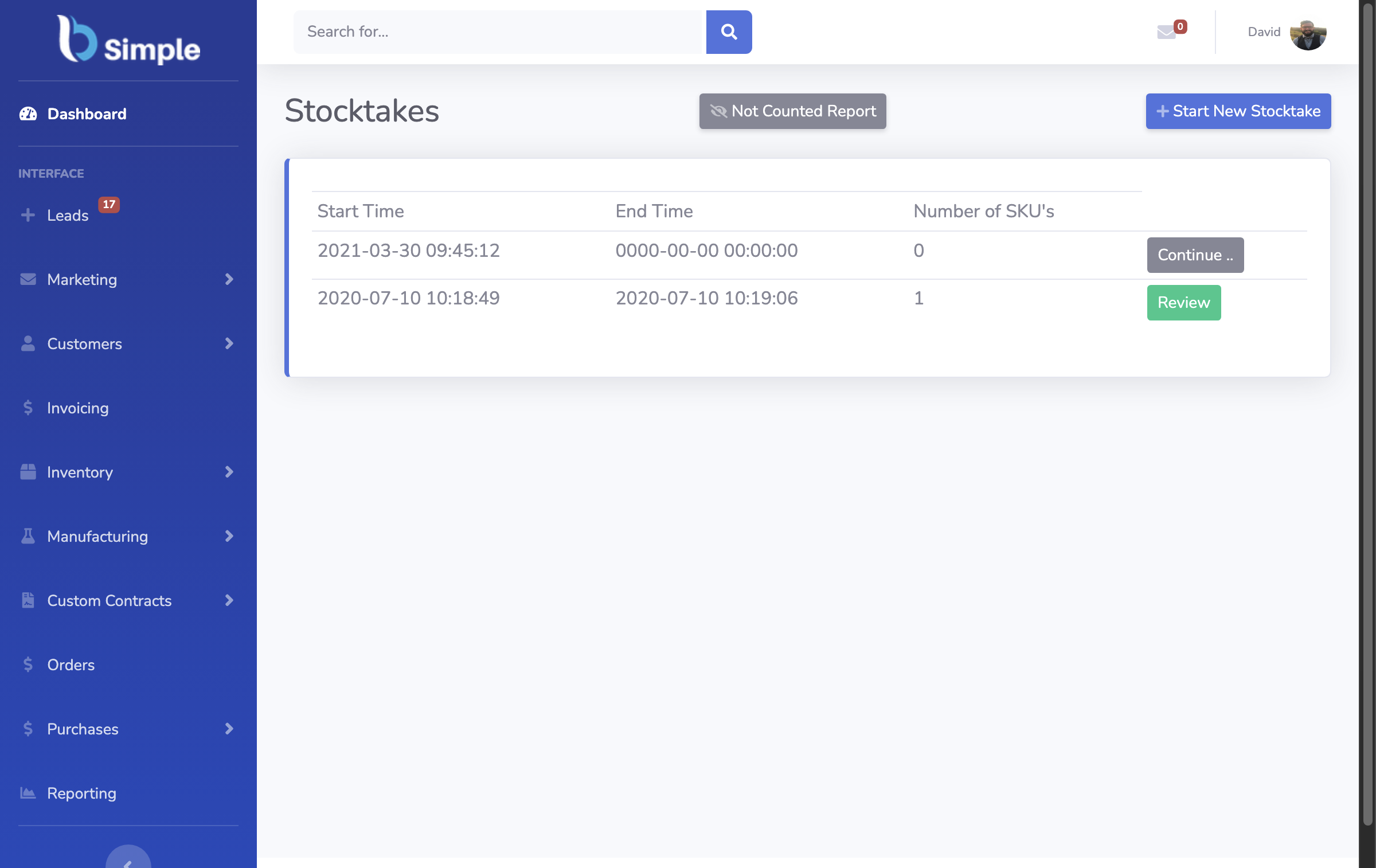 The BSimple stocktakes index at the count and review step.