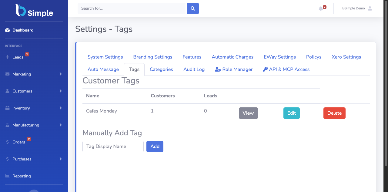 The BSimple Settings → Tags index with customer and lead counts.