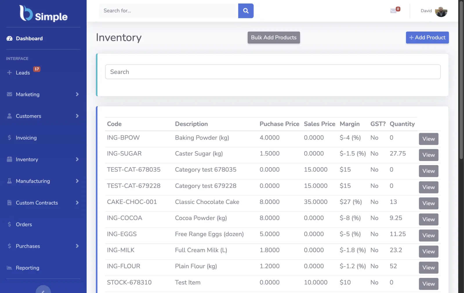 BSimple inventory list showing stocked items and quantities